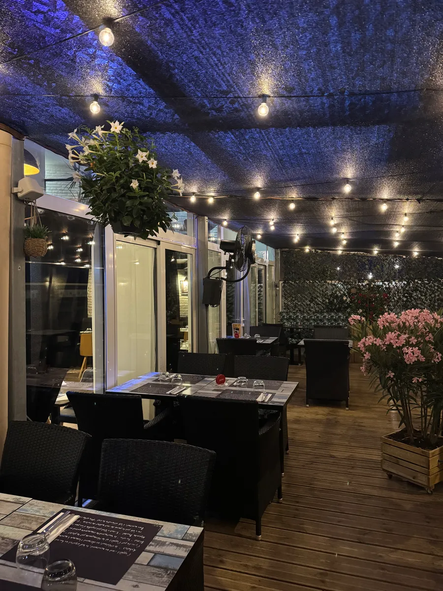 Nouvelle terrasse fleurie sous les guirlandes lumineuses
